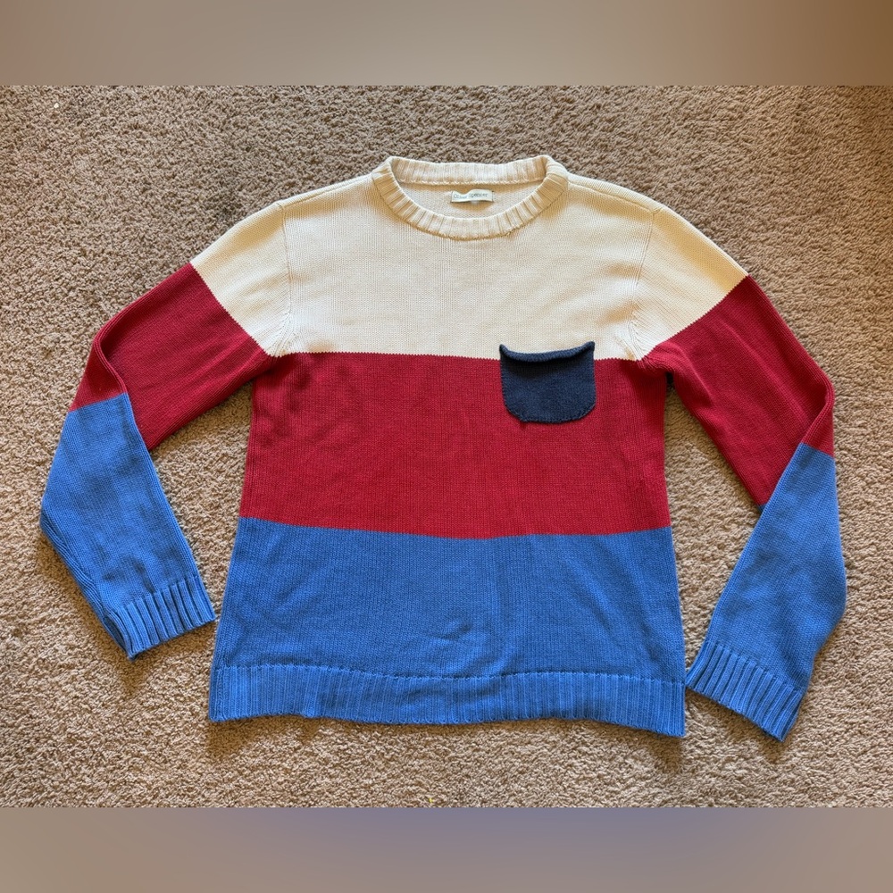 oliver spencer blenheim knit jumper blue white red color block stripe small